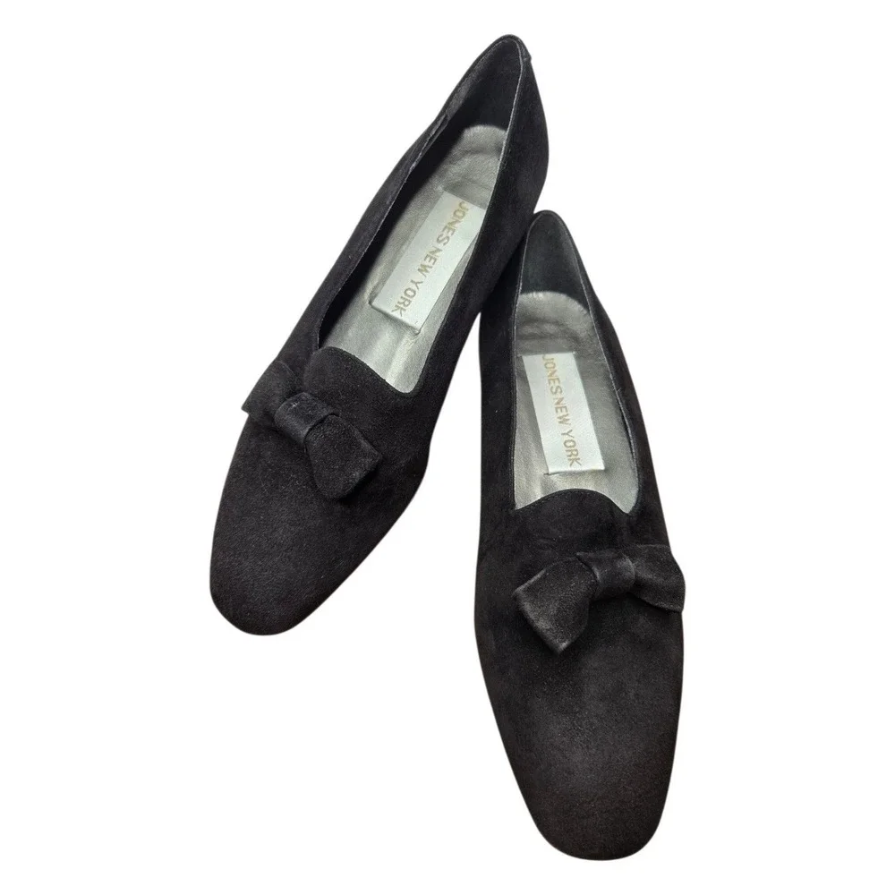 Vtg Jones New York Black Suede Bow Ballet Flats 6 Made In Italy Coquette 90s Y2K